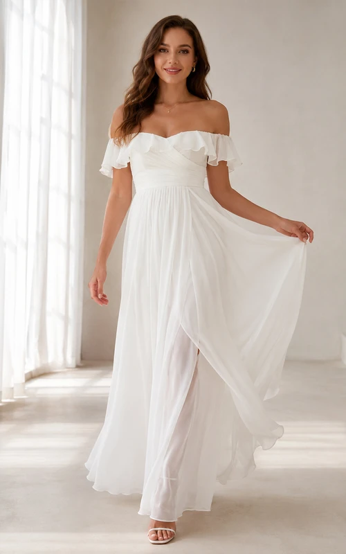 Robe de mariée romantique élégante en mousseline drapée, épaules dénudées et décolleté en cœur, style jardin.