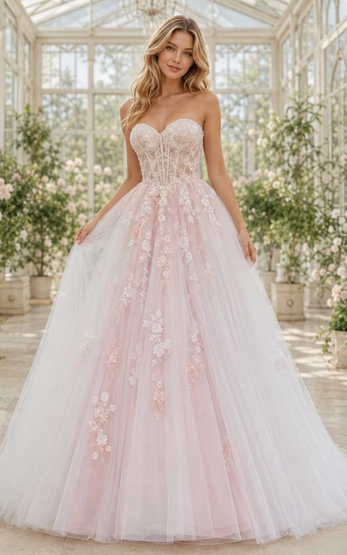 Rosafarbenes, trägerloses Brautkleid mit Herzausschnitt, A-Linie, Schleppe und Blumenmuster