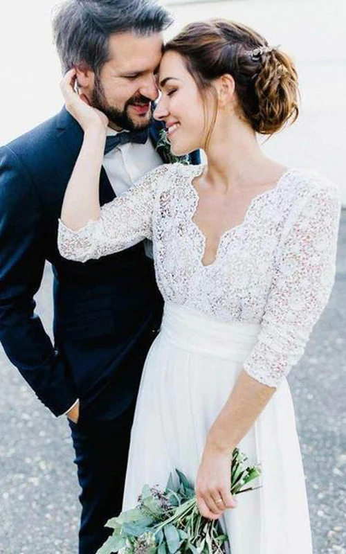 Empire-Brautkleid aus Chiffon mit V-Ausschnitt, schlichtem Design, langen Ärmeln und bodenlang