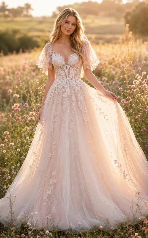 Vestido de novia de corte A con mangas de volantes y estampado floral de tul, estilo hada caprichosa.