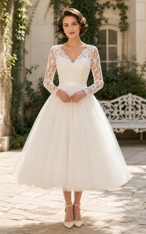 Vintage Teelänge Brautkleid mit V-Ausschnitt, langen Ärmeln und Unterrock aus Spitze und Tüll