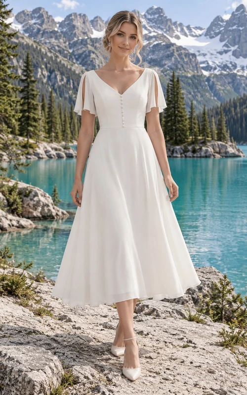 Sencillo vestido de novia civil con falda a la altura de la rodilla, escote en V y mangas con volantes.