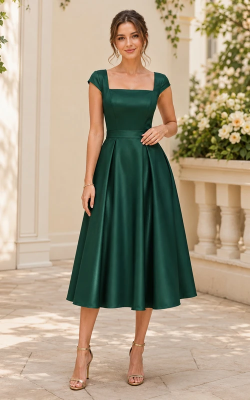 Vestido midi de satén plisado con cuello cuadrado y mangas cortas, color jade.