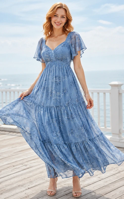 Steel Blue Printed Flutter Sleeve Tiered Dress
