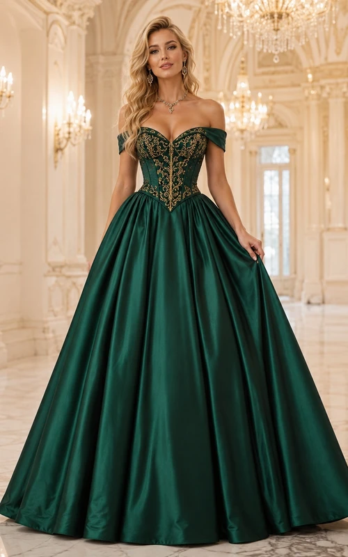 Emerald Off-the-shoulder Satin Corset Ball Gown Floor-length Masquerade Formal Dress