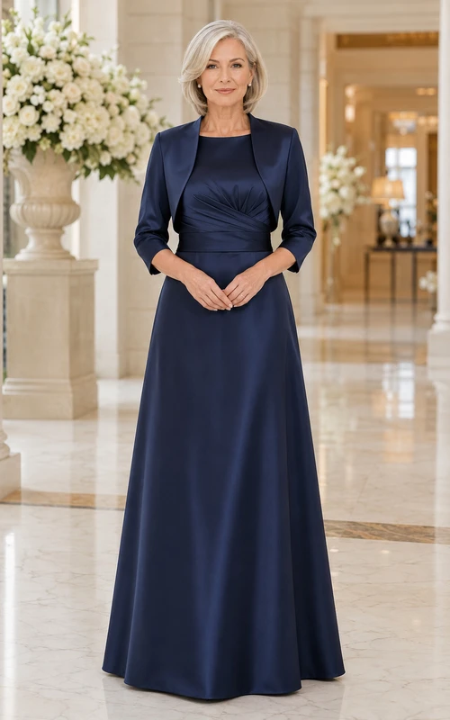 MOB-Kleid, dunkelblaues Satin-A-Linien-Kleid, 3/4-Ärmel, U-Boot-Ausschnitt, bodenlang, inklusive Jacke