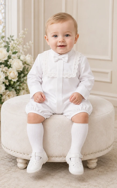 White Lace Ruffle Bib Long Sleeve Christening Bubble Romper for Baby Boy