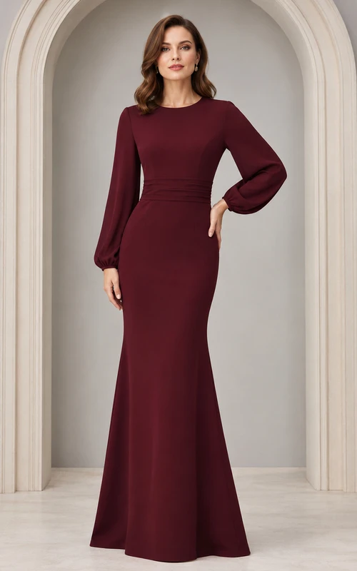 Bordeauxrotes, bodenlanges, elegantes Chiffonkleid mit Meerjungfrauen-Schmuck und langen Ärmeln