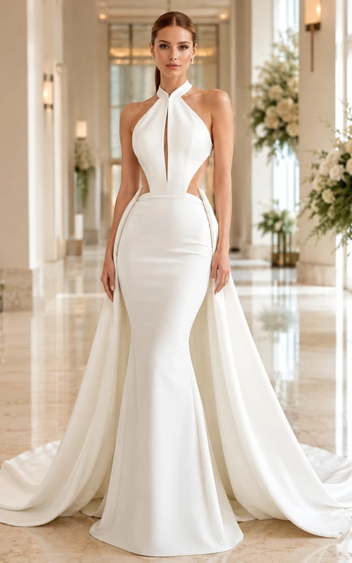 Satin Wedding Dress Sheath Halter Sleeveless Chapel Train Open Back Bridal Gown