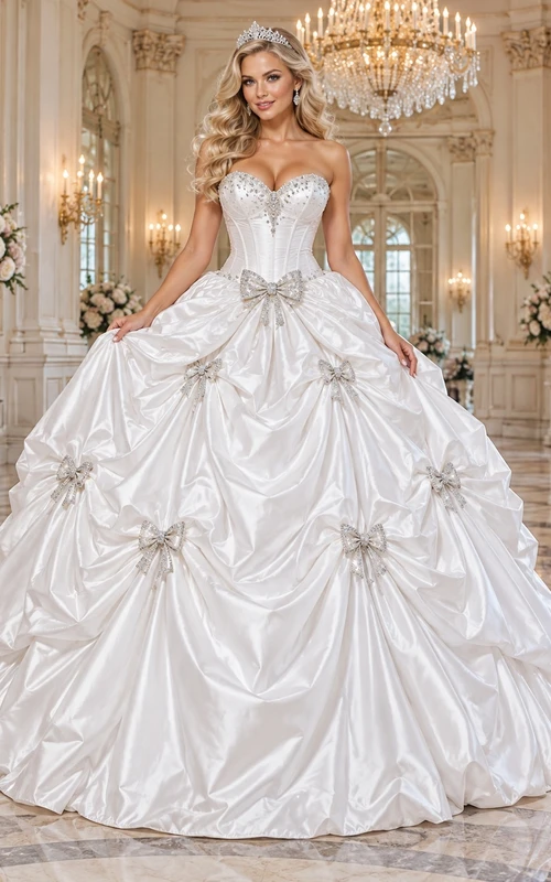Vestido de novia palabra de honor con escote corazón, cristales, falda de satén y lazo enjoyado en la cintura.