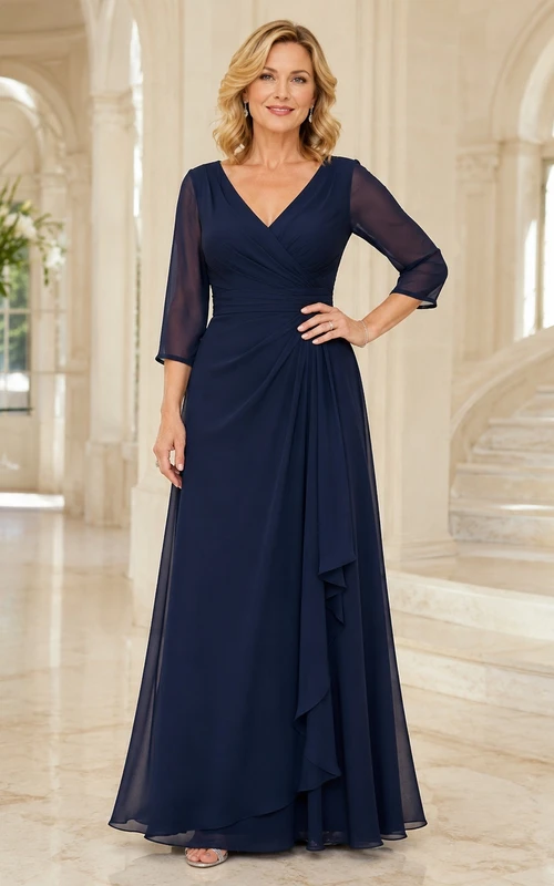 Marineblaues, bodenlanges Chiffonkleid in A-Linie mit V-Ausschnitt, Dreiviertelärmeln und drapiertem Schnitt – ideal für Mütter
