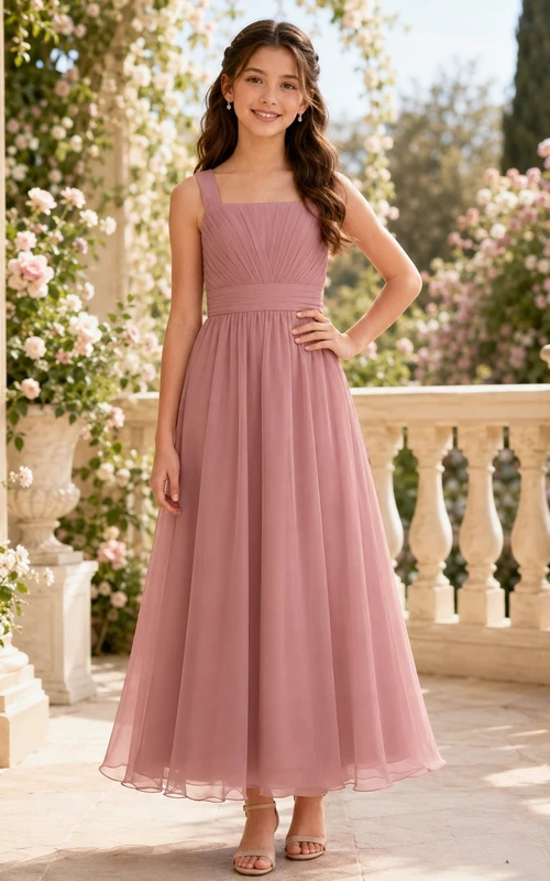 Romantisches, ärmelloses Chiffon-Brautjungfernkleid in Altrosa mit quadratischem A-Linien-Schnitt und Teelänge