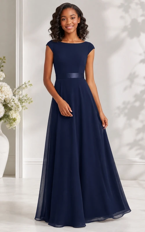 Dunkelblaues Brautjungfernkleid für junge Mädchen, A-Linie, U-Boot-Ausschnitt, kurze Ärmel, Chiffon, elegant