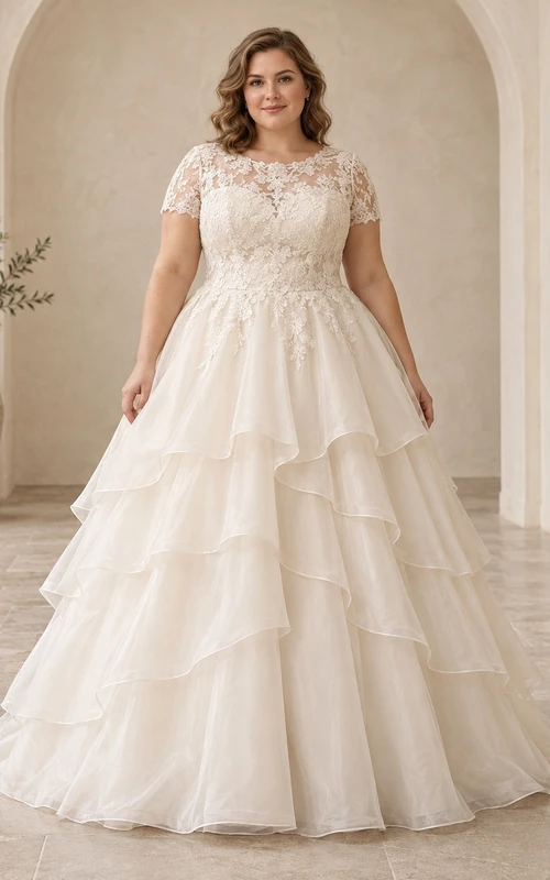 Vestido de novia modesto de encaje con escote redondo, mangas cortas y capas de tul en cascada.