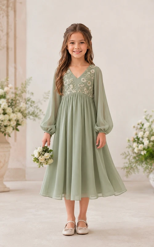 V-neck Sage Chiffon Flower Girl Dress with Long Puff Sleeves