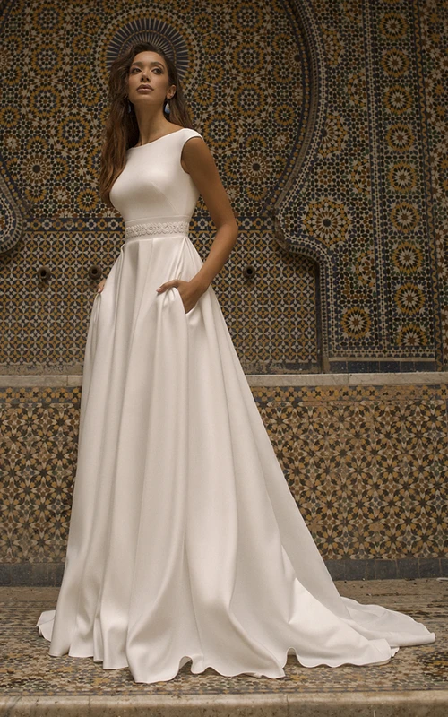 Cap Sleeve Bateau Neckline With Elegant Satin Simple Wedding Dress With V-back And Sash Details