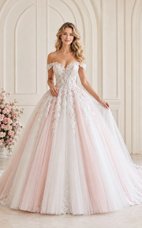Rosafarbenes, schulterfreies Tüll-Ballkleid mit Herzausschnitt und Schleppe – ein perfektes Prinzessinnen-Hochzeitskleid