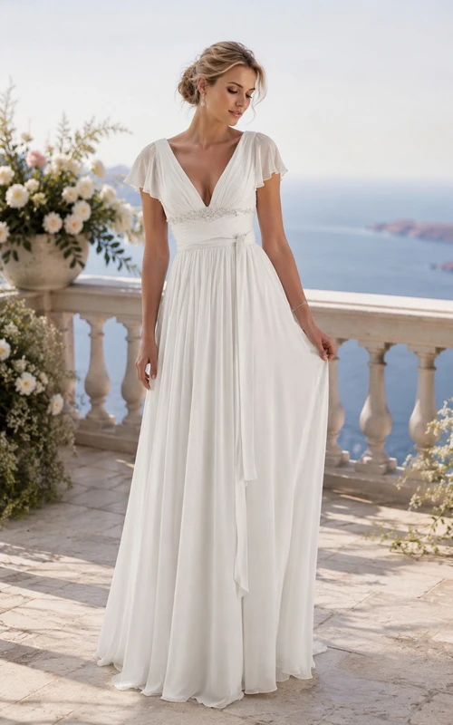 White V-Neck Cap Sleeve Chiffon A-Line Beach Wedding Dress