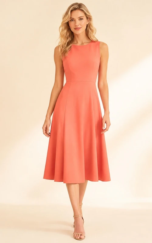 Robe mi-longue plissée sans manches en satin corail à col rond et col rond plissé