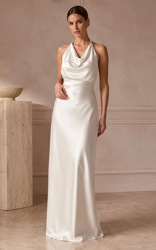 Ivory Cowl Neck Backless Satin Gown Classic Occasion