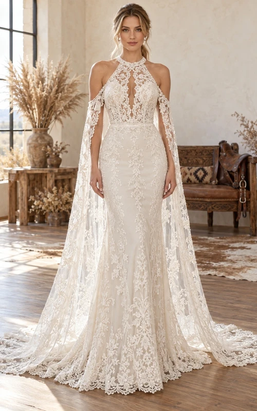 Boho Western Halter Open Back Cape Sleeve Lace Mermaid Wedding Dress