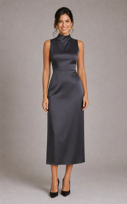 Steel Grey High Neck Satin Midi Sheath Dress