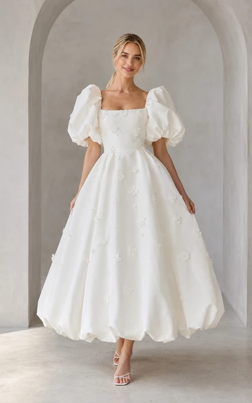 Robe de mariée trapèze en organza, col carré, manches bouffantes, longueur thé, encolure carrée et coupe A.