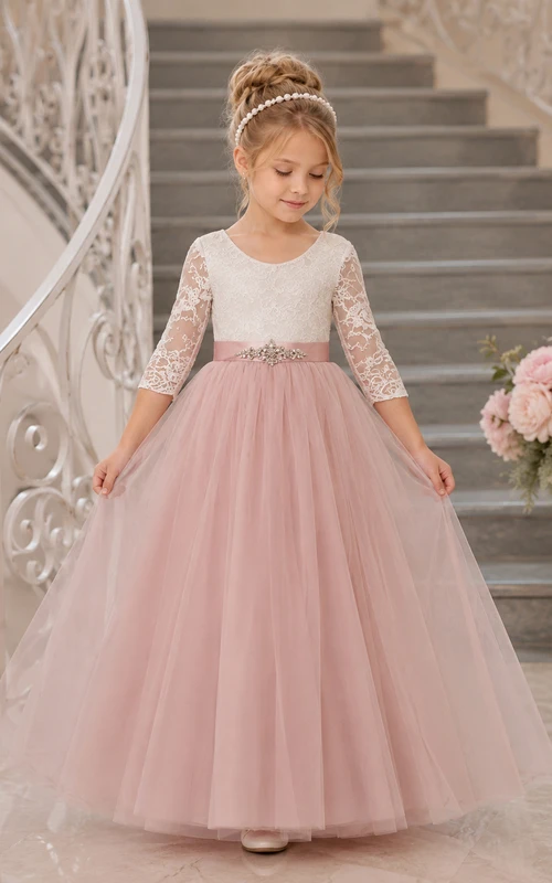 Flower Girl Dress Blush Lace Tulle A-Line Long Sleeve Jewel Neck Tea Length