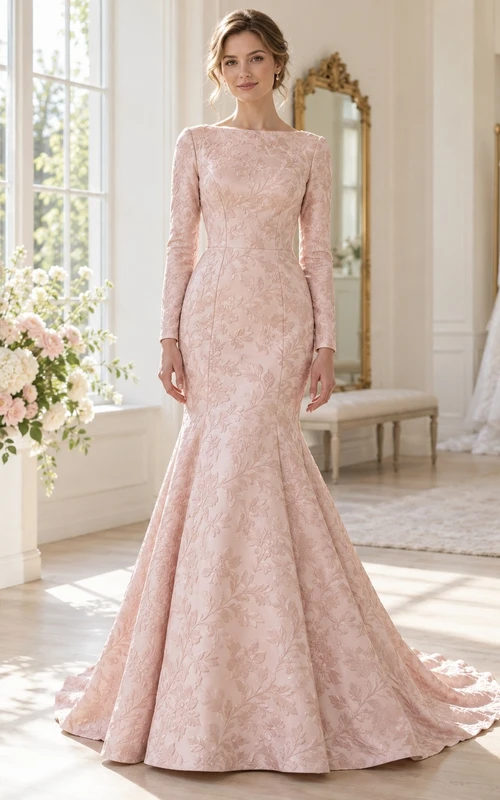 Robe de mariée sirène modeste à manches longues et traîne en jacquard rose poudré, style bateau