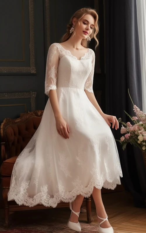Robe de mariée mi-longue pour mariée d'âge mûr | Robe de mariée midi ivoire en dentelle vintage grande taille, style pudique, avec manches