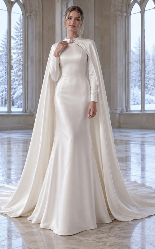 Vestido de novia tipo capa de satén con cuello alto y mangas largas, estilo modesto.
