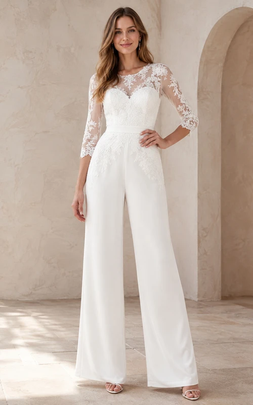 Weißer, eleganter Jumpsuit mit V-Ausschnitt, Illusion-Spitze, Dreiviertelärmeln und weitem Bein