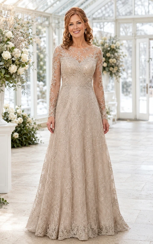 Champagnerfarbenes, elegantes Winterkleid für die Mutter der Braut mit langen Ärmeln, U-Boot-Ausschnitt, Illusionsspitze, A-Linie und Schleppe