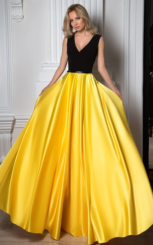 A-Linien-Abendkleid aus Satin mit langem Gürtel, ärmellos, V-Ausschnitt