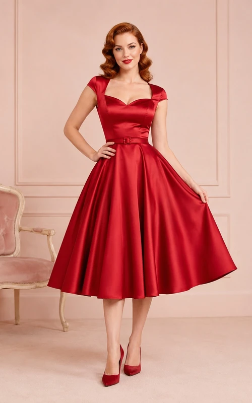 Rotes Vintage-Cocktailkleid aus Satin mit herzförmigem Ausschnitt, kurzen Ärmeln und A-Linien-Schnitt, wadenlang