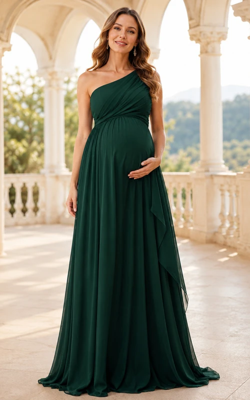 Dunkelgrünes Chiffon-Umstandsabendkleid mit One-Shoulder-Design und Falten