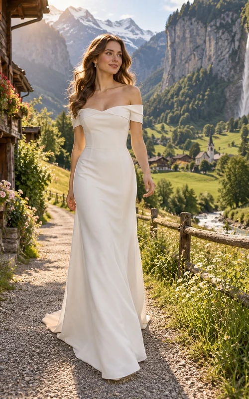 Vestido de novia sencillo de corte recto, sin mangas, de crepé elástico con escote Bardot y cola.