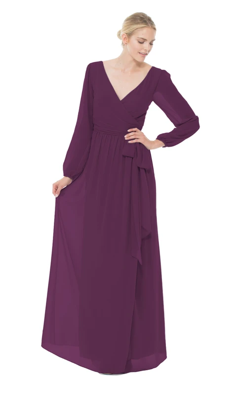 Vestido largo de gasa con escote en V y mangas largas