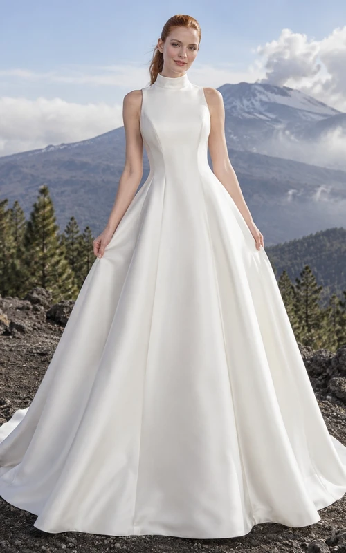 Vestido de novia sencillo de corte A, cuello alto, sin mangas, de satén con cola.