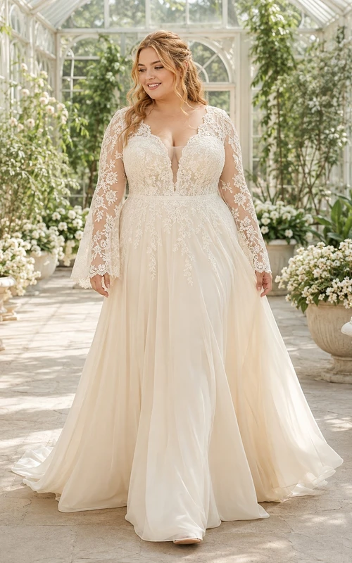Plus Size Langarm-Chiffon-A-Linien-Brautkleid mit V-Ausschnitt für große Oberweite