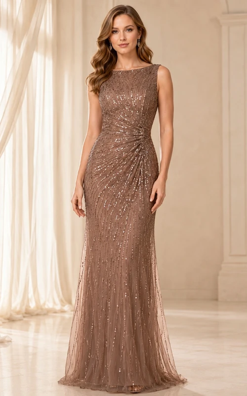 Robe de soirée de luxe Mocha à col bateau, sans manches, en tulle perlé, coupe sirène, longueur au sol, couleur moka