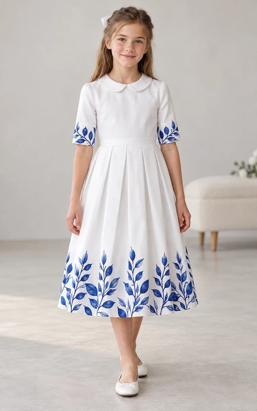 Schlichtes, schlichtes weißes Teelängenkleid mit Peter-Pan-Kragen, Ellbogenärmeln, ovalem Blättermuster, plissiertem Bund und A-Linien-Schnitt für Blumenmädchen