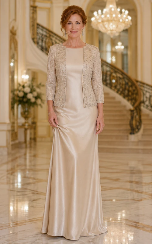Vestido largo de satén color champán para la madre de la novia, con mangas tres cuartos, escote redondo y chaqueta.