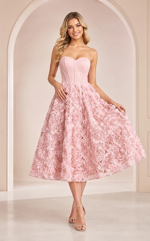 Blushing Pink Luxury Midi Strapless Sweetheart Rosette Skirt Sweet Sixteen Cocktail Party Dress