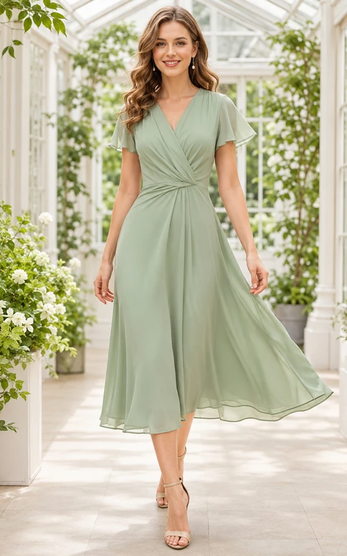 Salbeifarbenes Chiffon-Kleid in A-Linie, Teelänge, Wickeloptik, V-Ausschnitt, flatternde Ärmel