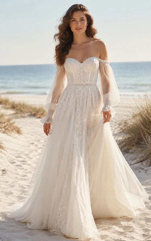 Bohemian Beach Off Shoulder Sweetheart Long Puff Sleeve Lace A-Line Sweep Train Wedding Dress