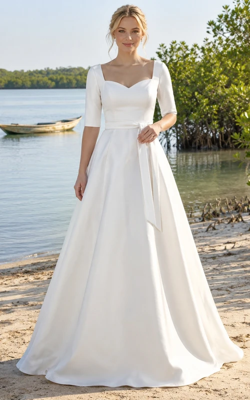 Vestido de novia sencillo de playa con escote corazón, manga corta, satén, corte en A y espalda baja