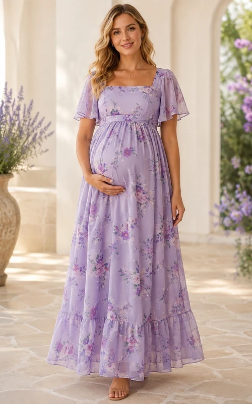 Lavender Bohemian Chiffon Petal-Sleeve Empire A-Line Garden Maxi Dress