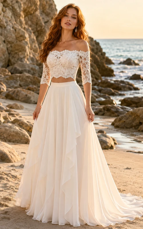 Off Shoulder Lace Crop Top Ruffled Chiffon Beach Bridal Set