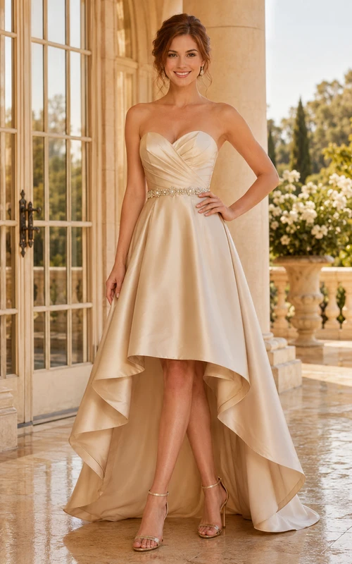 Champagne Strapless Satin High-Low Dress with Sweep Train